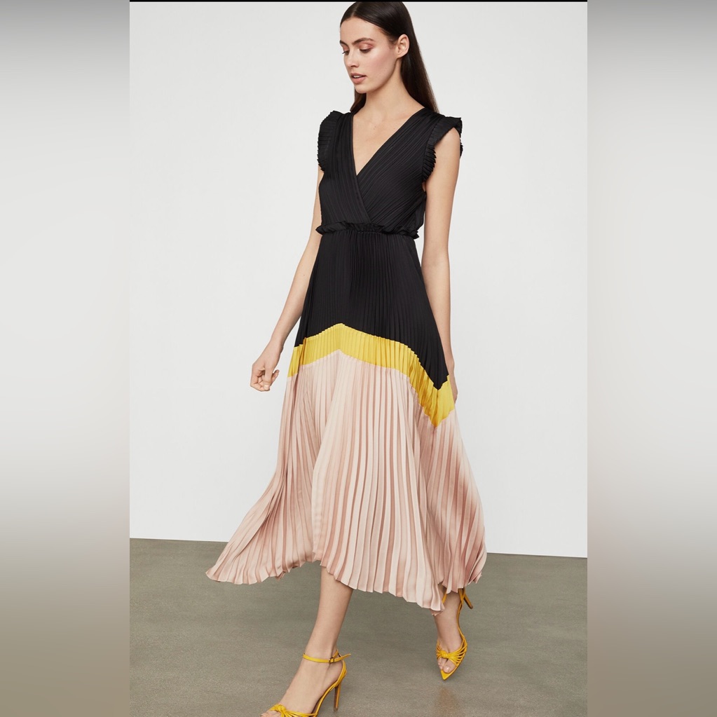 Bcbgmaxazria Color Block Long Pleated Maxi Dress